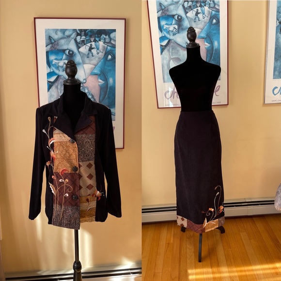 Vintage Indigo Moon Black Suede Embroidered Wearable Art Jacket & Skirt Size 10